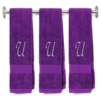 BY LORA Embroidered Monogram Hand Towel 3 Pack, Initial U, Purple
