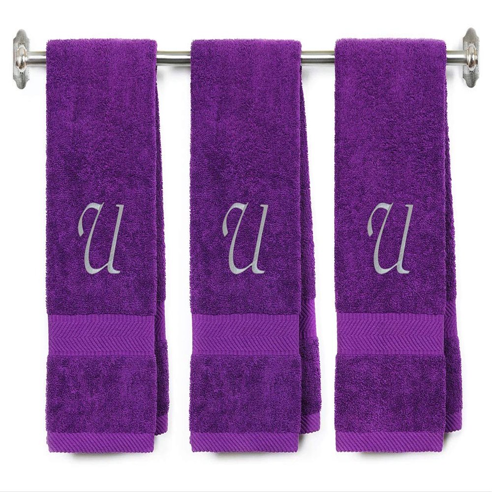BY LORA Embroidered Monogram Hand Towel 3 Pack, Initial U, Purple