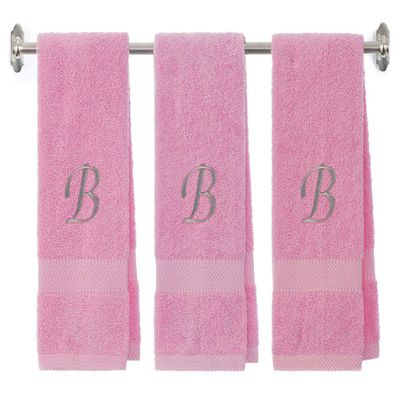 BY LORA Embroidered Terry Cotton Hand Towel for Bathroom and Kitchen - Terry Cotton Hand Towel - 16 x 27 inches - 3-Pack - Pink Color Towel - Light Silver Chancery Style Initial B