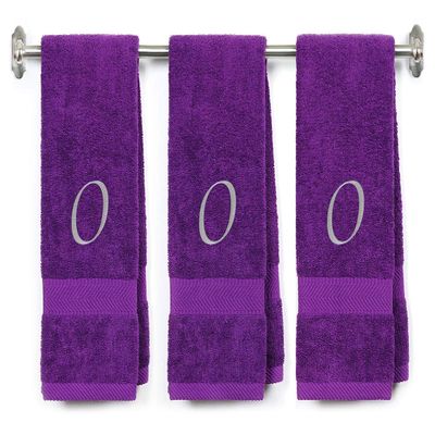 BY LORA Embroidered Terry Cotton Hand Towel for Bathroom and Kitchen - Personalized Gift - Purple Color Towel - Light Silver Chancery Style Initial O