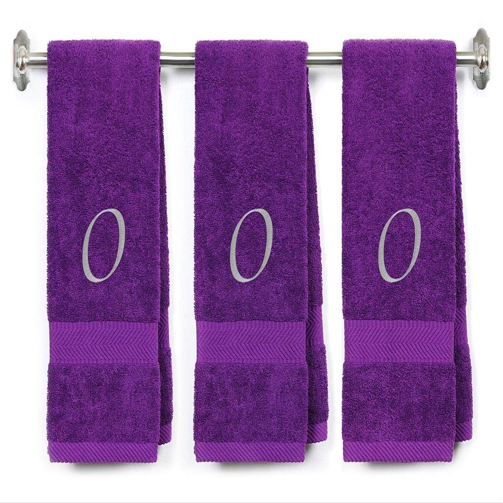 BY LORA Embroidered Terry Cotton Hand Towel for Bathroom and Kitchen - Personalized Gift - Purple Color Towel - Light Silver Chancery Style Initial O