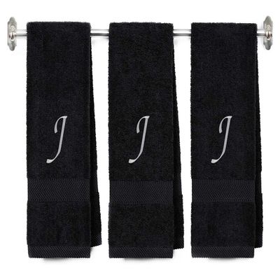 Embroidered Terry Cotton Hand Towel for Bathroom and Kitchen - Personalized Gift - Black Color Towel - Light Silver Chancery Style Initial J