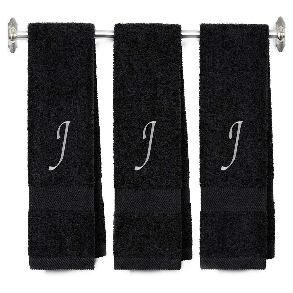 Embroidered Terry Cotton Hand Towel for Bathroom and Kitchen - Personalized Gift - Black Color Towel - Light Silver Chancery Style Initial J