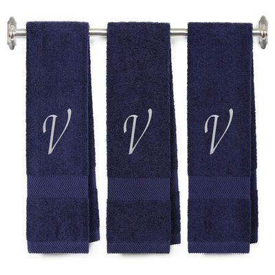 BY LORA Embroidered Monogram Hand Towel 3 Pack, Initial V, Navy Blue