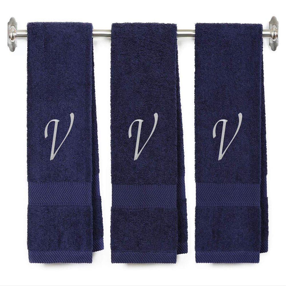 BY LORA Embroidered Monogram Hand Towel 3 Pack, Initial V, Navy Blue