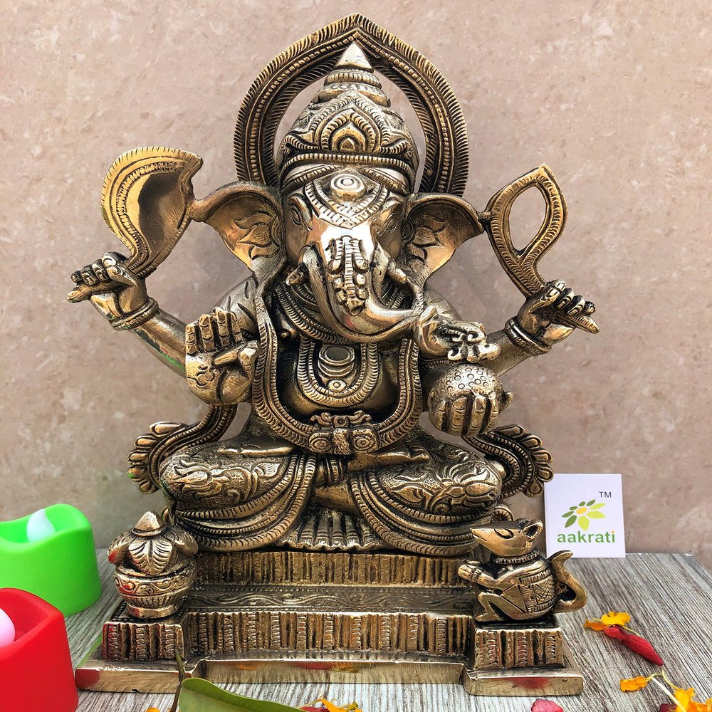 Aakrati Ganesh Hindu Religious Temple Worship Brass Statue in Antique Look - Best Gift and Home Decor showpiece