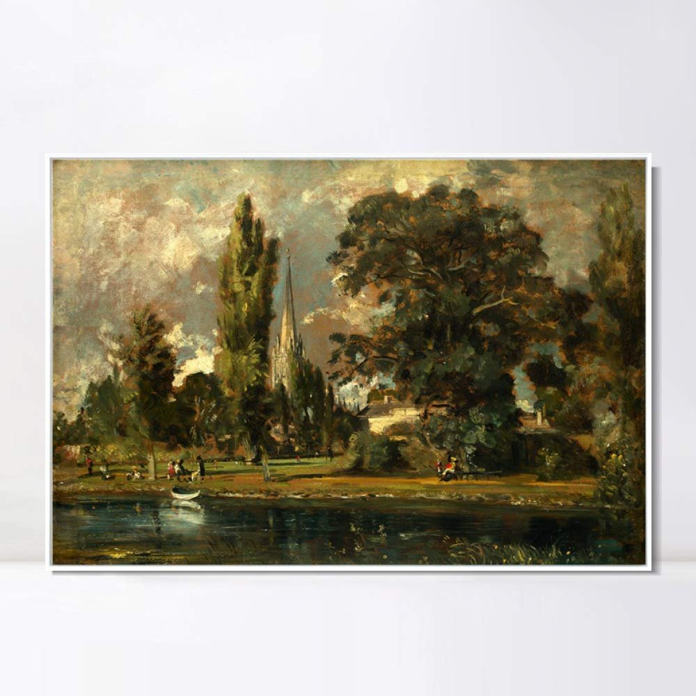 INVIN ART Framed Canvas Giclee Print Art Salisburythedral and Leadenhall from The River Avon by John Constable Wall Art Living Room Home Office Decorations(White Slim Frame,20"x24")