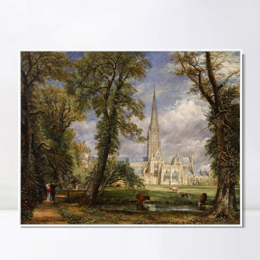 INVIN ART Framed Canvas Giclee Print Art Salisbury Cathedral,1826 by John Constable Wall Art Living Room Home Office Decorations(White Slim Frame,20"x24")
