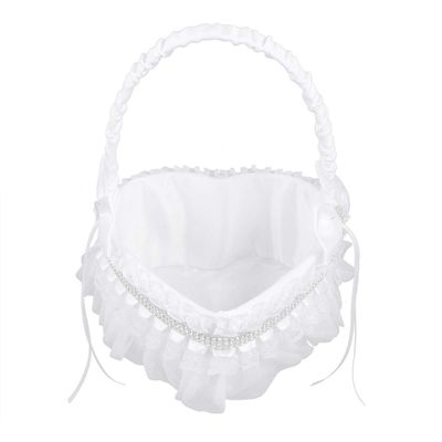 Happyyami Woven Hamper Wedding Girl Basket Heart Shape Lace Rhinestone Bridesmaid Rose Petals Holder for Wedding Ceremony Party Decoration (White) Planter Basket