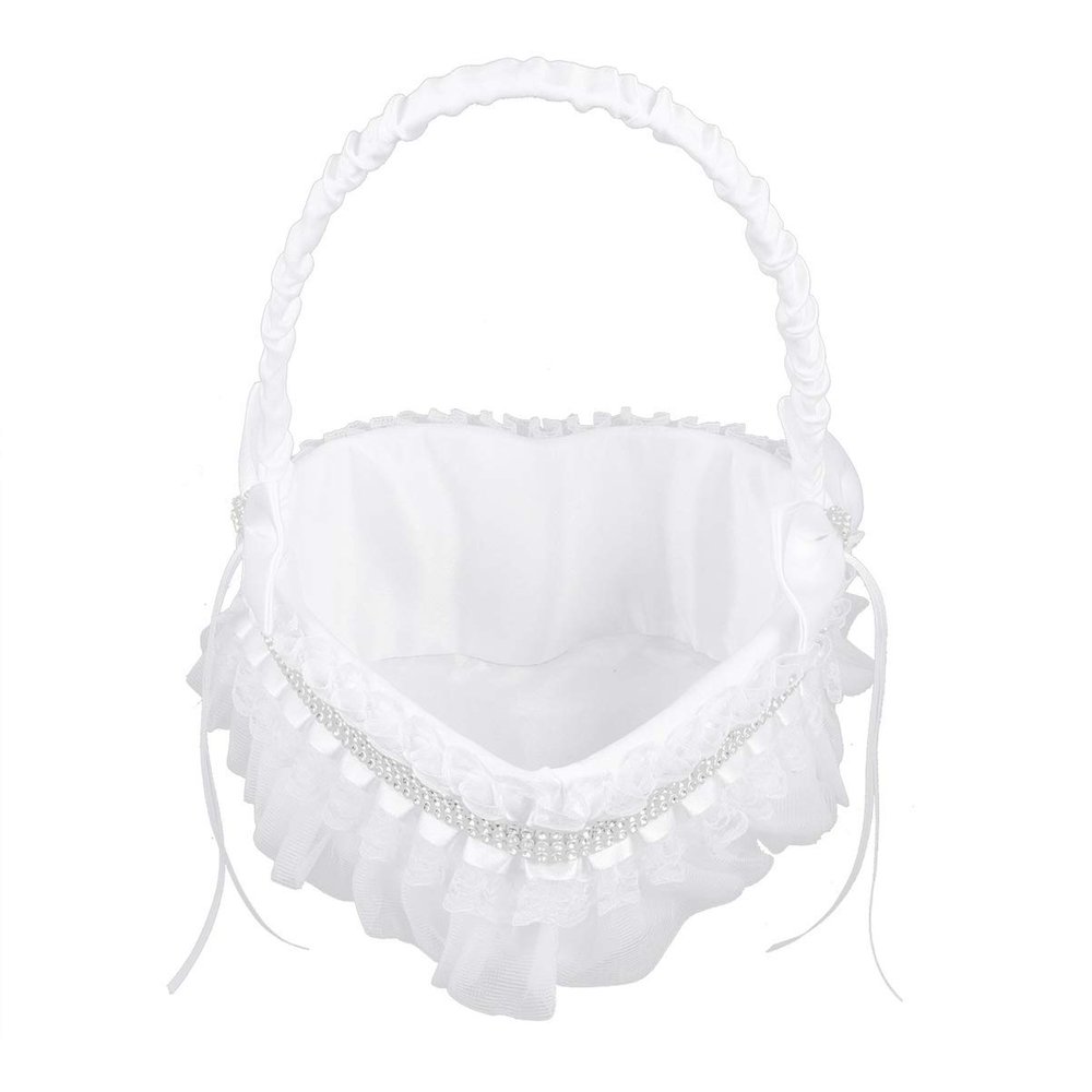Happyyami Woven Hamper Wedding Girl Basket Heart Shape Lace Rhinestone Bridesmaid Rose Petals Holder for Wedding Ceremony Party Decoration (White) Planter Basket