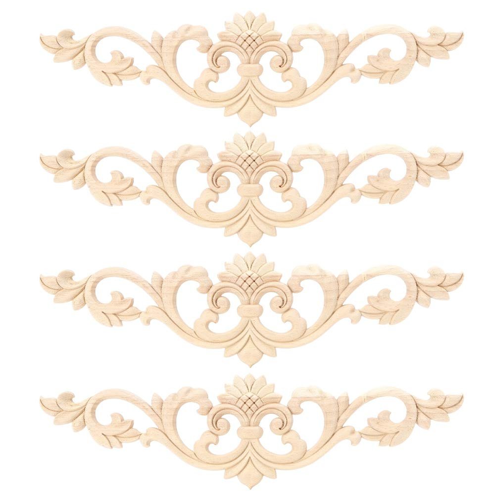 4Pcs Unpainted Retro Floral Applique, Wood Carved Corner Woodcarving Decal, for Home Furniture, Wall, Door, Frame, Cabinet Decor Crafts 30 x 8 x 0.7 cm / 11.8 x 3.1 x 0.3 in