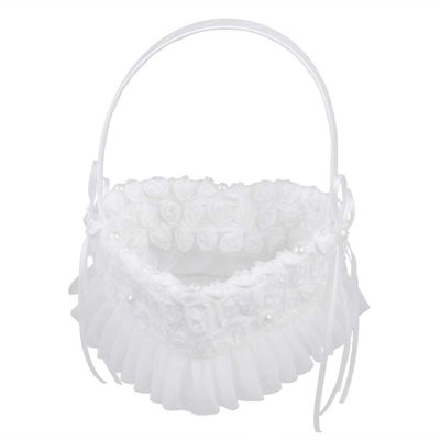 Wedding Girl Basket Heart Shape Lace Rose Petals Holder Bride Basket with Satin Rose for Wedding Ceremony Party Decoration (White)