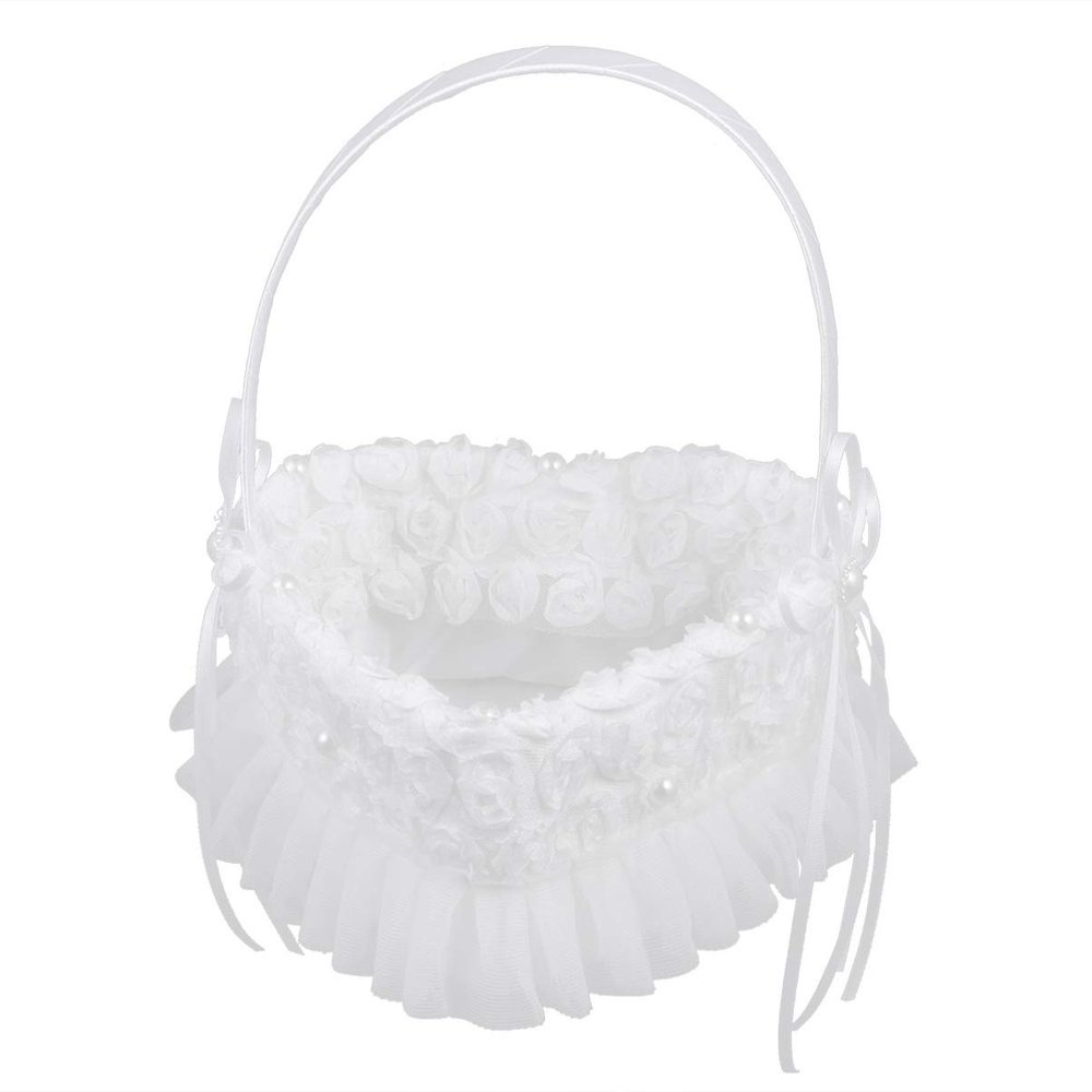 Wedding Girl Basket Heart Shape Lace Rose Petals Holder Bride Basket with Satin Rose for Wedding Ceremony Party Decoration (White)