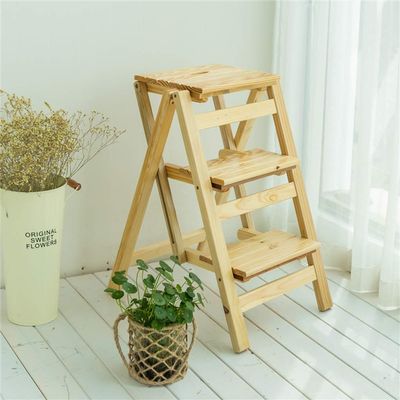 Foldable Upstairs Wood Step Ladder Stool, Flower Stand Shelf, Library Stepstool, Household Stair Chair Max. 200kg, Wood