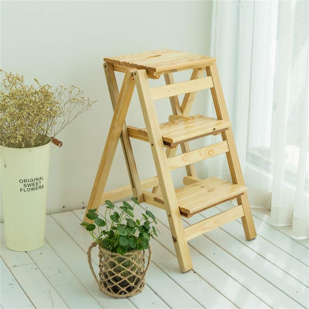Foldable Upstairs Wood Step Ladder Stool, Flower Stand Shelf, Library Stepstool, Household Stair Chair Max. 200kg, Wood