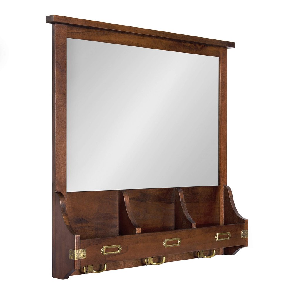 Kate and Laurel Stallard Decorative Wood Home Wall Organizer Mirror with Pockets and Key Hooks, Walnut Brown