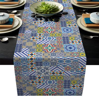 Vandarllin Cotton Linen Table Runner Dresser Scarves Morrocan Floral Tiles Pattern Non-Slip Burlap Rectangle Table Setting Decor for Wedding Party Holiday Dinner Home, 14x72 inch Colorful