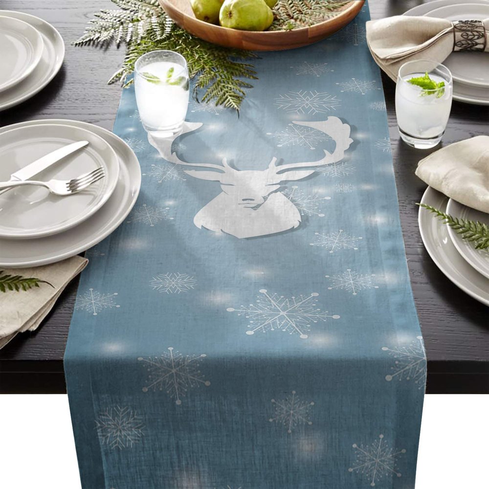 Vandarllin Cotton Linen Table Runner Dresser Scarves Christmas Snowflakes Moose Non-Slip Burlap Rectangle Table Setting Decor for Wedding Party Holiday Dinner Home, 13x90 inch Blue