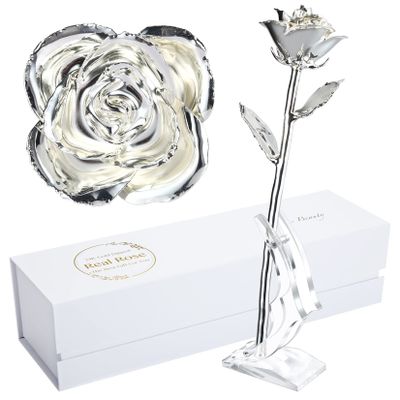MAXSPT Silver Rose, Silver Dipped Rose Made from Real Rose Best Gifts for her and 25th for Wife, Silver with Stand