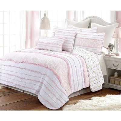 3 Piece Queen All Season Casual Princess Ruffle Cotton Quilt Set, Beautiful Reversible Geometric Design Girls Bedding Set, Charming Attractive Ultra Soft Comfy Durable Warmth Colorful Pink Quilt Set