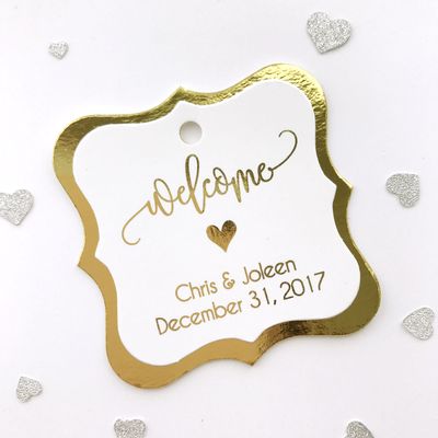 Welcome Wedding Printed Cardstock Wedding Tags, Double Layered Foil Wedding Favor Tags, Favor Tags, Party Favor Tags (FS-029-F-SAF)