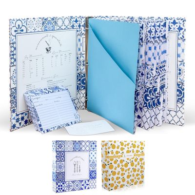 Cookbook Recipe Binder/Organizer, Blue Pattern 3-Ring, 1-Inch Binder to Hold All Your Recipes and Recipe Cards, 6 Tabbed Divider Sections, 50 Matching Recipe Cards Included