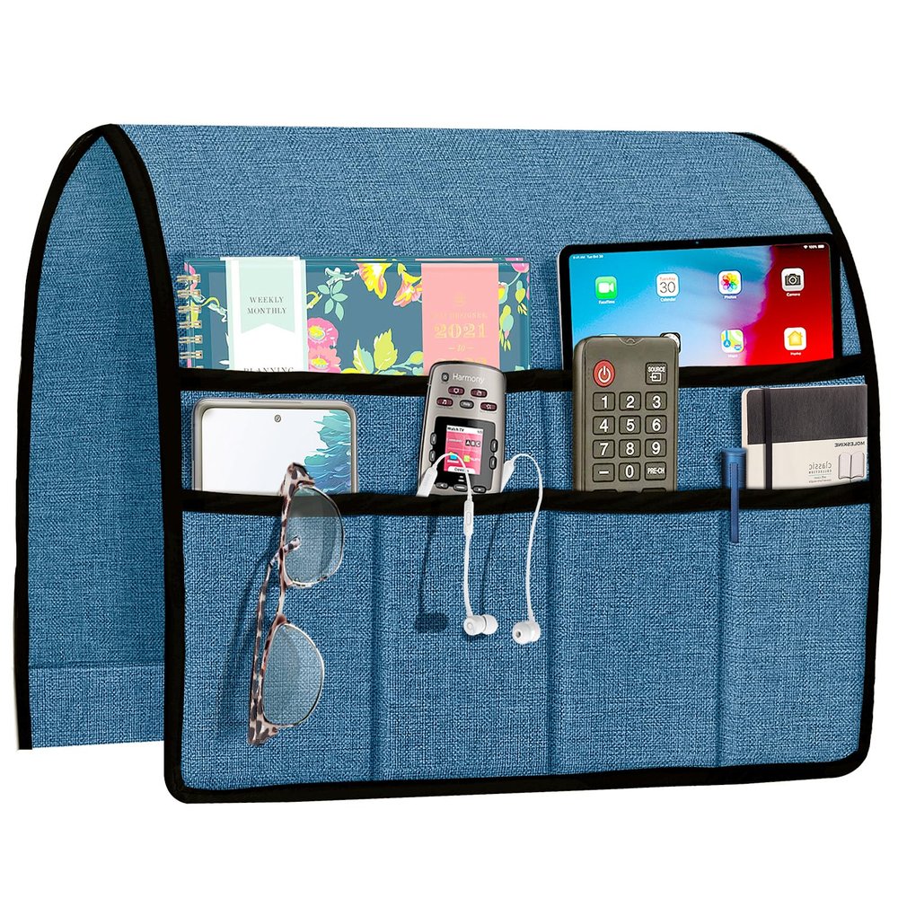 Joywell Chair Caddy Organizer Remote Control Holder for Couch Recliner Armrest Organizer Non Slip Sofa Arm Chair Caddie with 6 Pocket Storage for Magazine, Tablet, Phone, iPad, Classic Blue