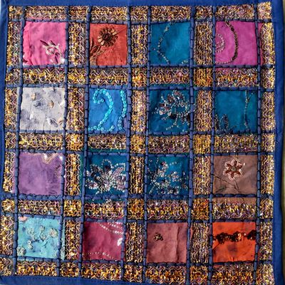 Sophia-Art Decorative Cushion Cover Cotton Patchwork Embroidered Sequin Beads Ethnic Flowers Leaves Geometric Square Scatter Floor Pillow Case Fits (Blue (Geometric Square), 16" x 16")