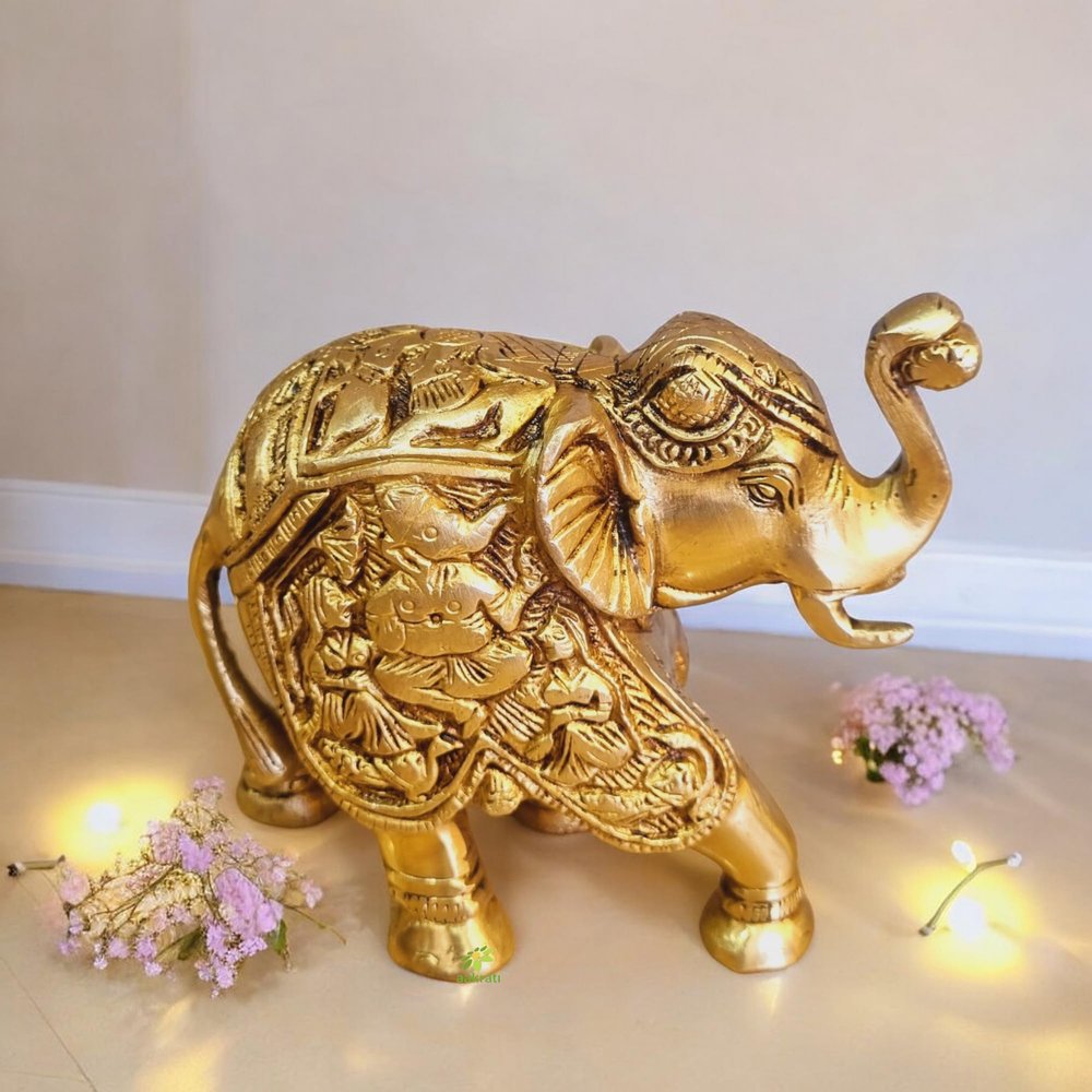 Aakrati Elephant Trunk up Sculpture Made in Brass Metal - Table Decor showpiece for Gift
