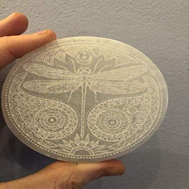 CrystalsAhoy 3" Etched Dragonfly Hand Made Moroccan Selenite Charging Plate, Spirit Animal, Charge Your Crystals In Style