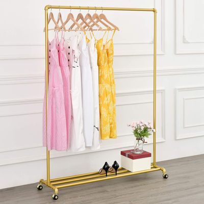 BOSURU Rolling Gold Clothing Racks on Wheels, Retail Display Industrial Pipe Clothing Racks for Hanging Garment Racks for Boutiques, Home