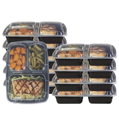 3 Compartment Premium Meal Prep Food Containers With Lids (Set Of 10) Black Plastic 10 Piece
