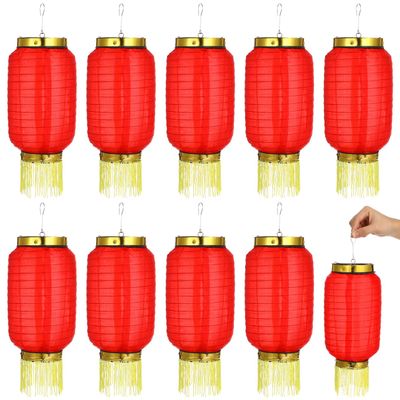 10pcs Japanese Style Foldable Silk Cloth Lanterns Oval Hanging Lamps for Festivals Parties Weddings Home Decor Red