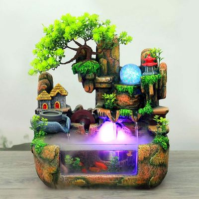 Tabletop Fountain, Mini Silent Indoor Outdoor 12LED Waterfall Fountain Zen Meditation Desktop Simulation Resin Rockery Water Fountain Bonsai Home Decor with Atomizer for Office Bedroom Relaxation(US )