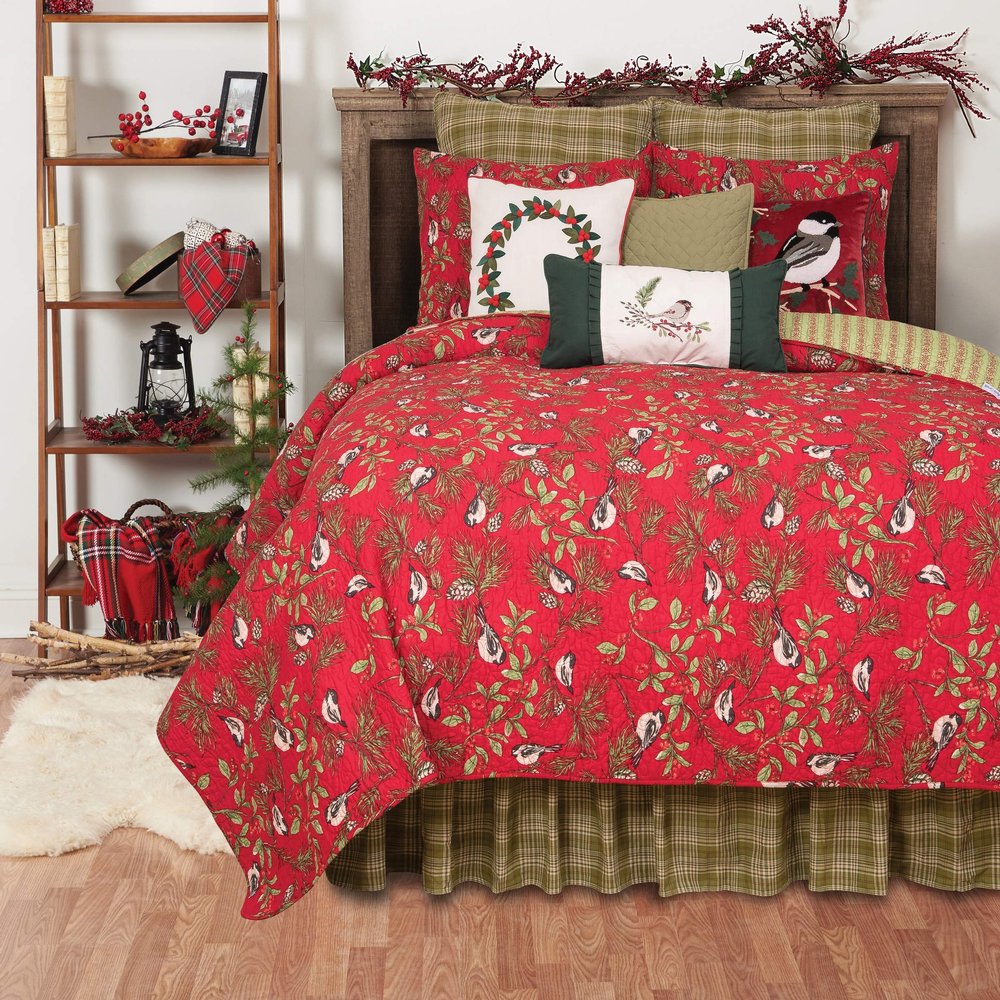 C&F Home Red Christmas Chickadee & Pinecone Branches 3-Piece 100% Cotton Full/Queen Bed Quilt Set Xmas Festive Winter Holidays Reversible Machine Washable Bedding Coverlet Bedspread Decor Decoration