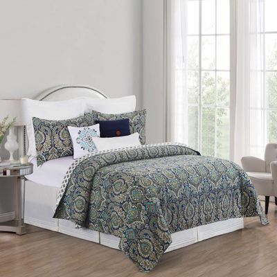 C&F Home Ada Navy Blue Damask Full/Queen Cotton Quilt Set Reversible Machine Washable Bedding Full/Queen 3 Piece Set Navy