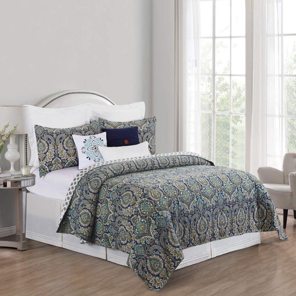 C&F Home Ada Navy Blue Damask Full/Queen Cotton Quilt Set Reversible Machine Washable Bedding Full/Queen 3 Piece Set Navy