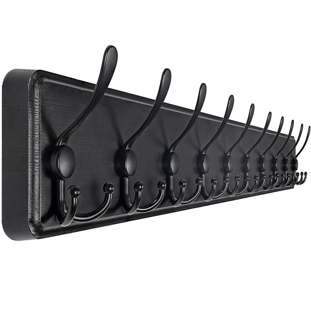 SKOLOO Coat Rack Wall Mounted - 38.3'' Long, Wooden, Heavy Duty, Rustic Coat Hooks for Wall, 16'' Hole to Hole, Wall Coat Rack with 10 Triple Hooks for Hanging Clothes, Jacket, Hat(Black)