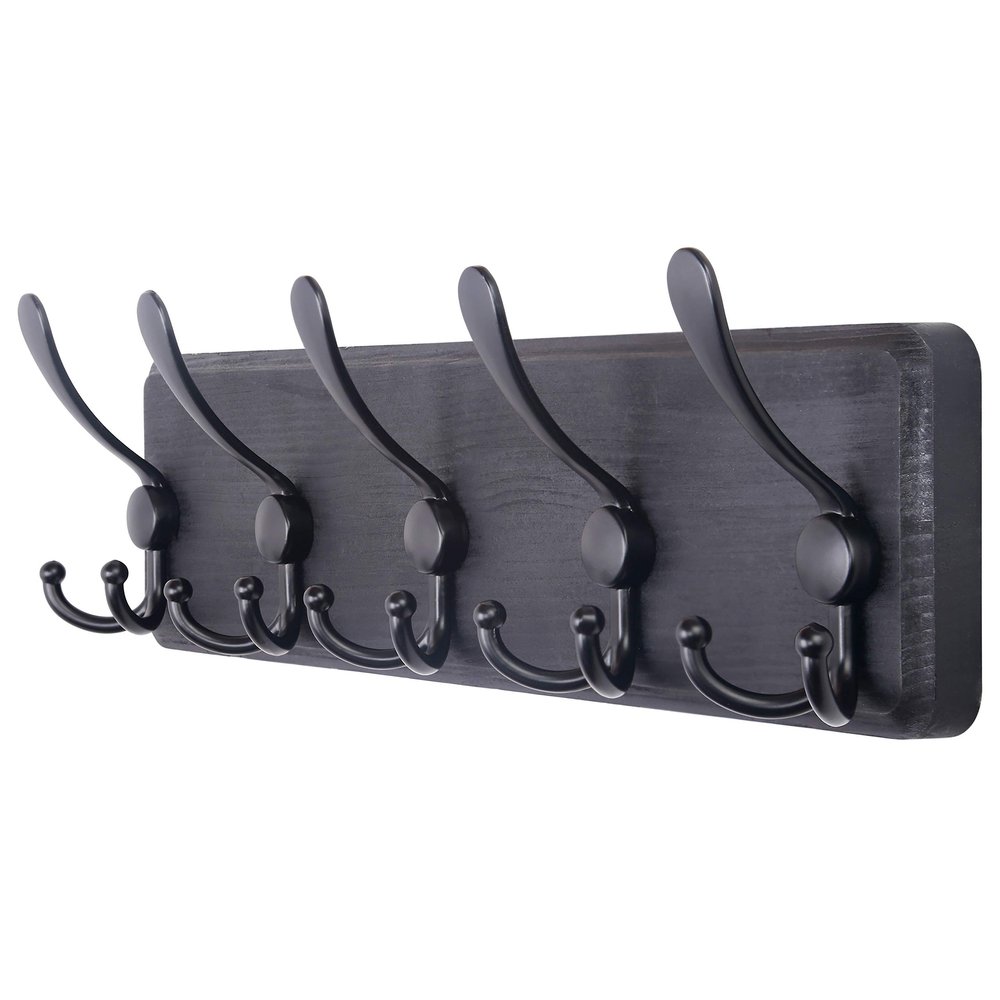 SKOLOO Rustic Wall Mounted Coat Rack: 16" Stud Spacing, Pine Real Wood Plank Wall Coat Rack with 5 Triple Hooks, Farmhouse Coat Hanger Wall Mount for Hanging Backpack Jacket Coat Hat
