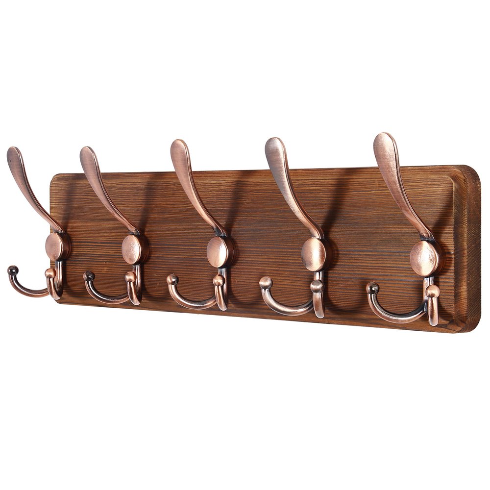 SKOLOO Rustic Pine Wood Wall Coat Rack with 5 Triple Hooks, 16" Stud Spacing, Farmhouse Wall Mounted Coat Rack for Hanging Backpack, Jacket, Hat