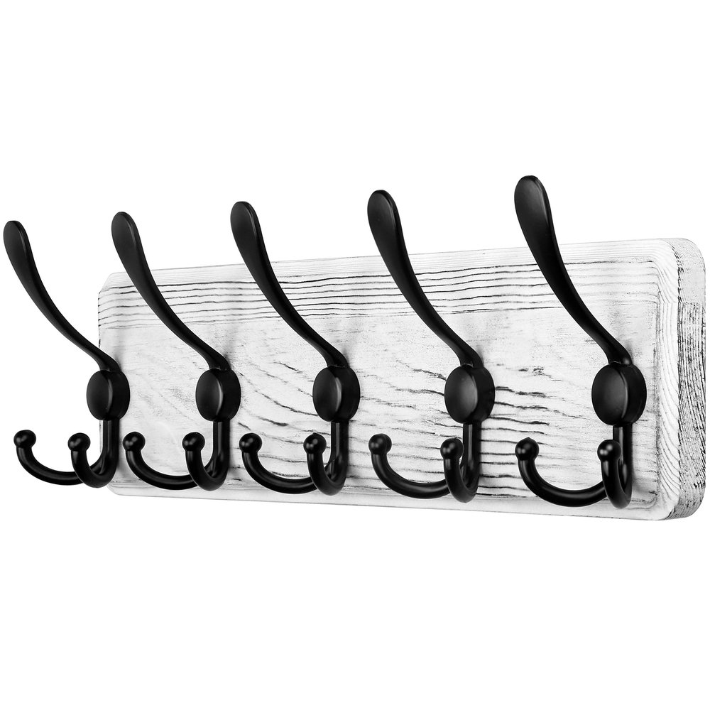 SKOLOO Rustic Wall Mounted Coat Rack: 16" Stud Spacing, Pine Real Wood Plank Wall Coat Rack with 5 Triple Hooks, Farmhouse Coat Hanger Wall Mount for Hanging Backpack Jacket Coat Hat