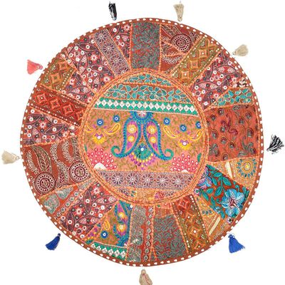 Sophia Art Round Floor Pillow Cushion Patchwork Pouf Ottoman Vintage Indian Foot Stool Bean Bag Floor Pillow Cover Home Decor Living Room Ottoman Bohemain Pillows (Brownish Red, 28 Inch)