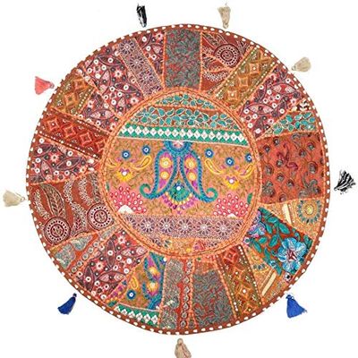Sophia Art Round Floor Pillow Cushion Patchwork Pouf Ottoman Vintage Indian Foot Stool Bean Bag Floor Pillow Cover Home Decor Living Room Ottoman Bohemain Pillows (Brown, 22 Inch)