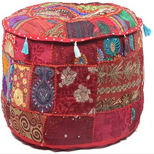Sophia-Art Indian Embroidered Patchwork Cover Indian Decorative Pouf Indian Comfortable Floor Cotton Cushion Ottoman Pouf,Indian Designs Ethnic Patchwork Pouf (Red, 18"x13")