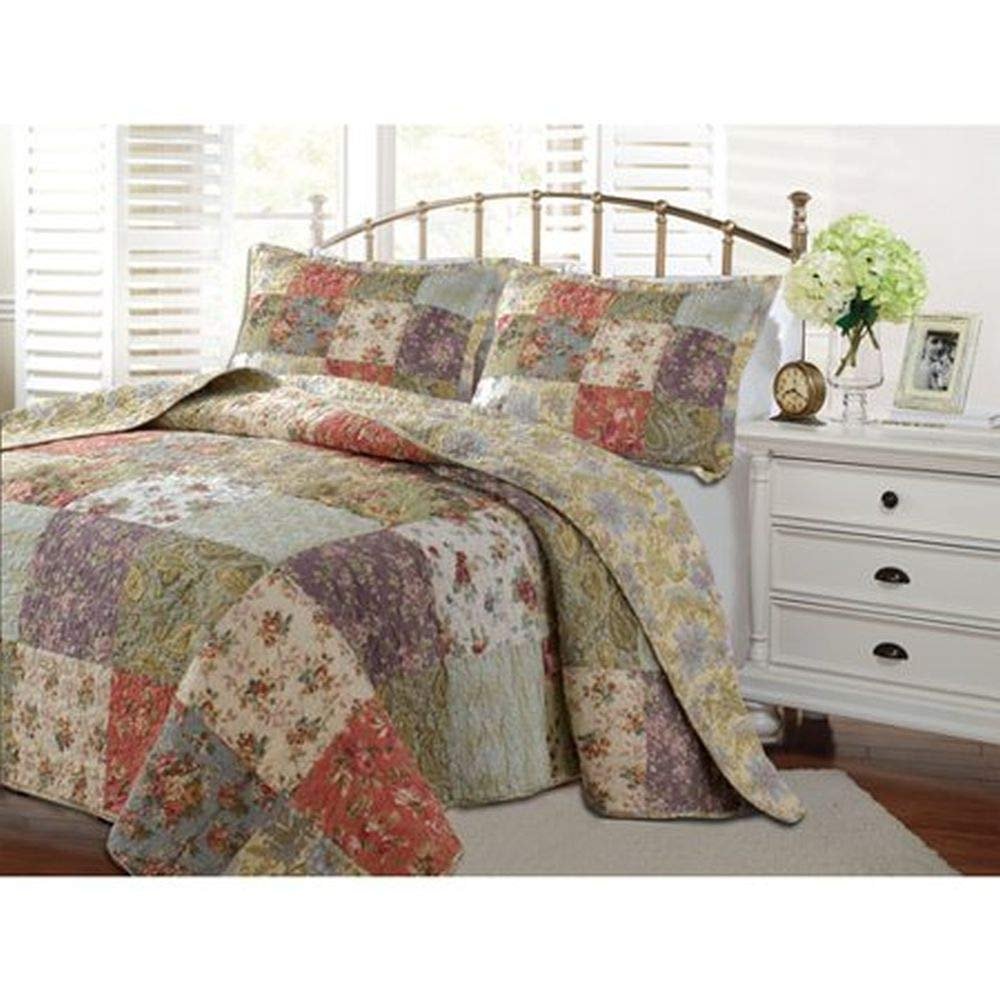 2 Piece Rustic Bedspread Twin Featuring Beautiful Cotton Floral Patchwork Quilt Pattern Textured Front All Over Jacobean Interior Reverse Farmhouse Bedding Set Comfy Luxury Bed Decor