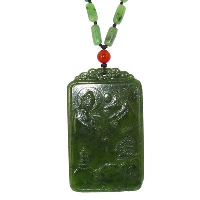 3.5" China Certified Nature Hetian Nephrite Jade Blessing Laughing Kwan-yin and Landscape Hand Carved Pendant 5019
