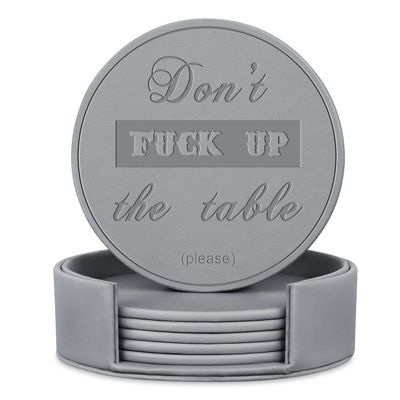 Thipoten Funny Coasters, 6 Pcs Leather Coasters with Holder, Perfect Housewarming Hostess Gifts, Protect Furniture from Water Marks Scratch and Damage(6Pcs, Grey)