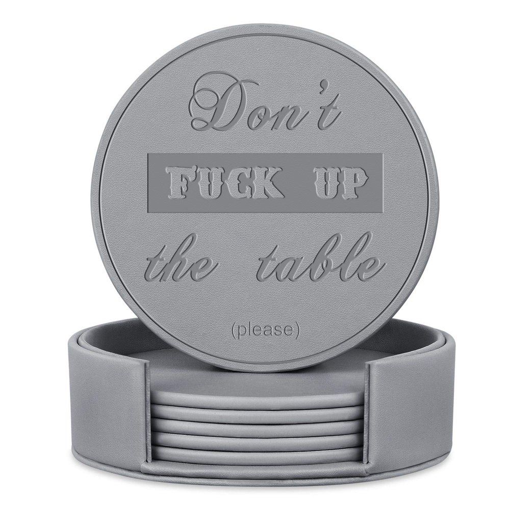 Thipoten Funny Coasters, 6 Pcs Leather Coasters with Holder, Perfect Housewarming Hostess Gifts, Protect Furniture from Water Marks Scratch and Damage(6Pcs, Grey)