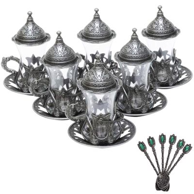 Alisveristime (Set of 6 Handmade Turkish Tea Water Zamzam Serving Set Glasses Saucer and Spoon (Black)