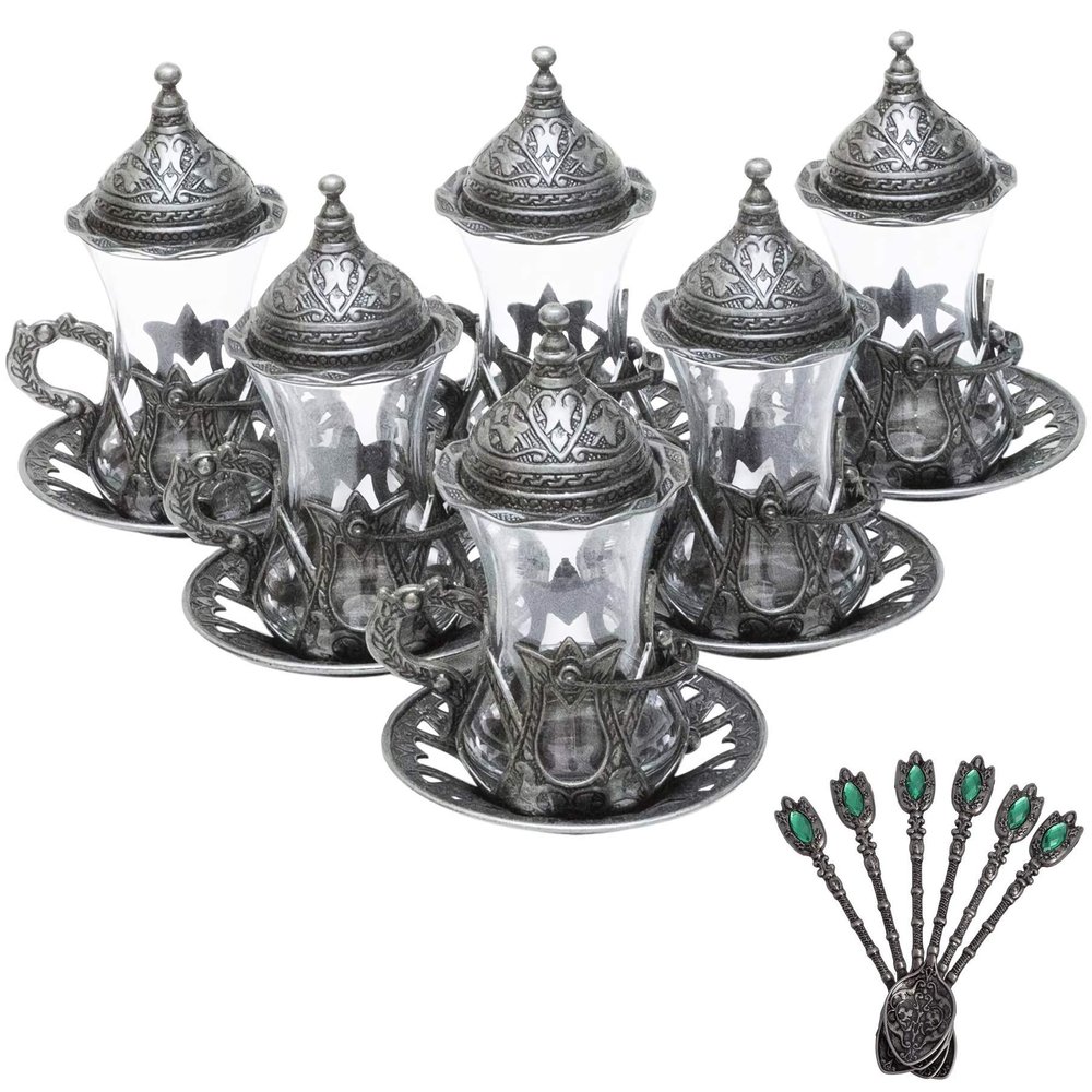 Alisveristime (Set of 6 Handmade Turkish Tea Water Zamzam Serving Set Glasses Saucer and Spoon (Black)